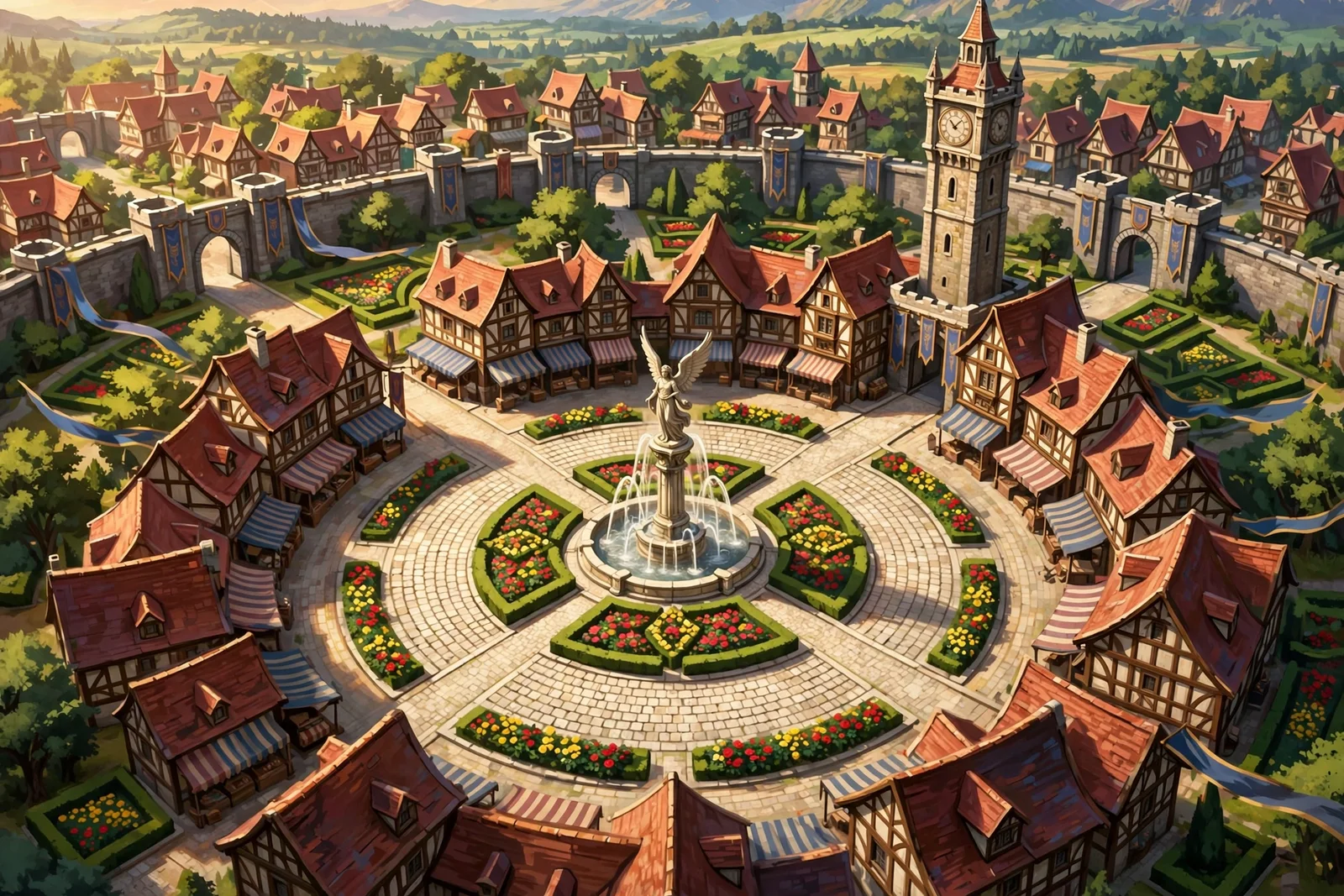 Approved Aurelis concept art, now in game: painted cobblestone plaza rings, winged guardian statue fountain, clock tower, domed hall, flower beds and hedges