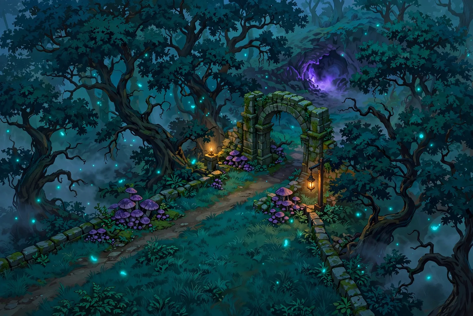 Approved Duskwood concept art, now in game: tall dark pines at golden dusk, sun shafts through the canopy, glowing fireflies, a mossy winding path and mushroom clusters