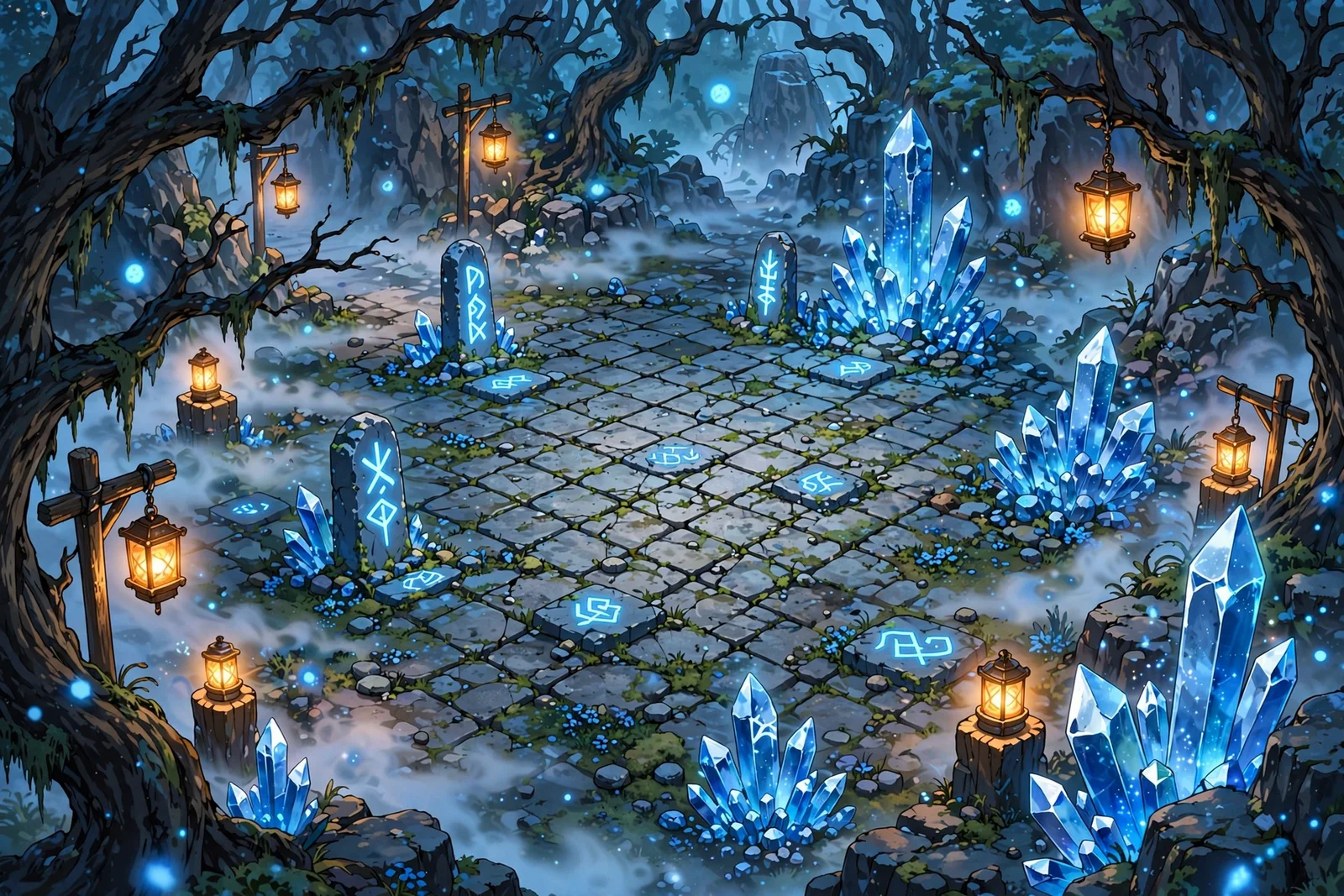 Approved Echo Hollow concept art, now in game: cold gray flagstones, glowing blue sigil stones and crystal clusters, drifting mist, twisted dark trees and warm lanterns