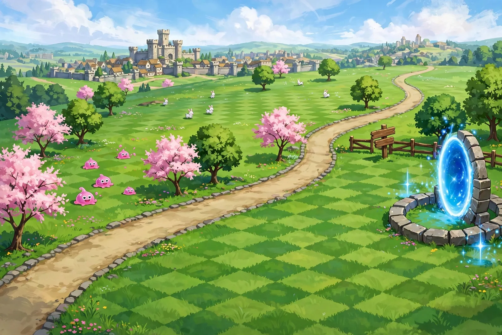 Approved Sunleaf Field concept art, now in game: painted checkerboard meadow, winding dirt road with stone edging, apple trees, berry bushes, wildflowers and pink Pobbles