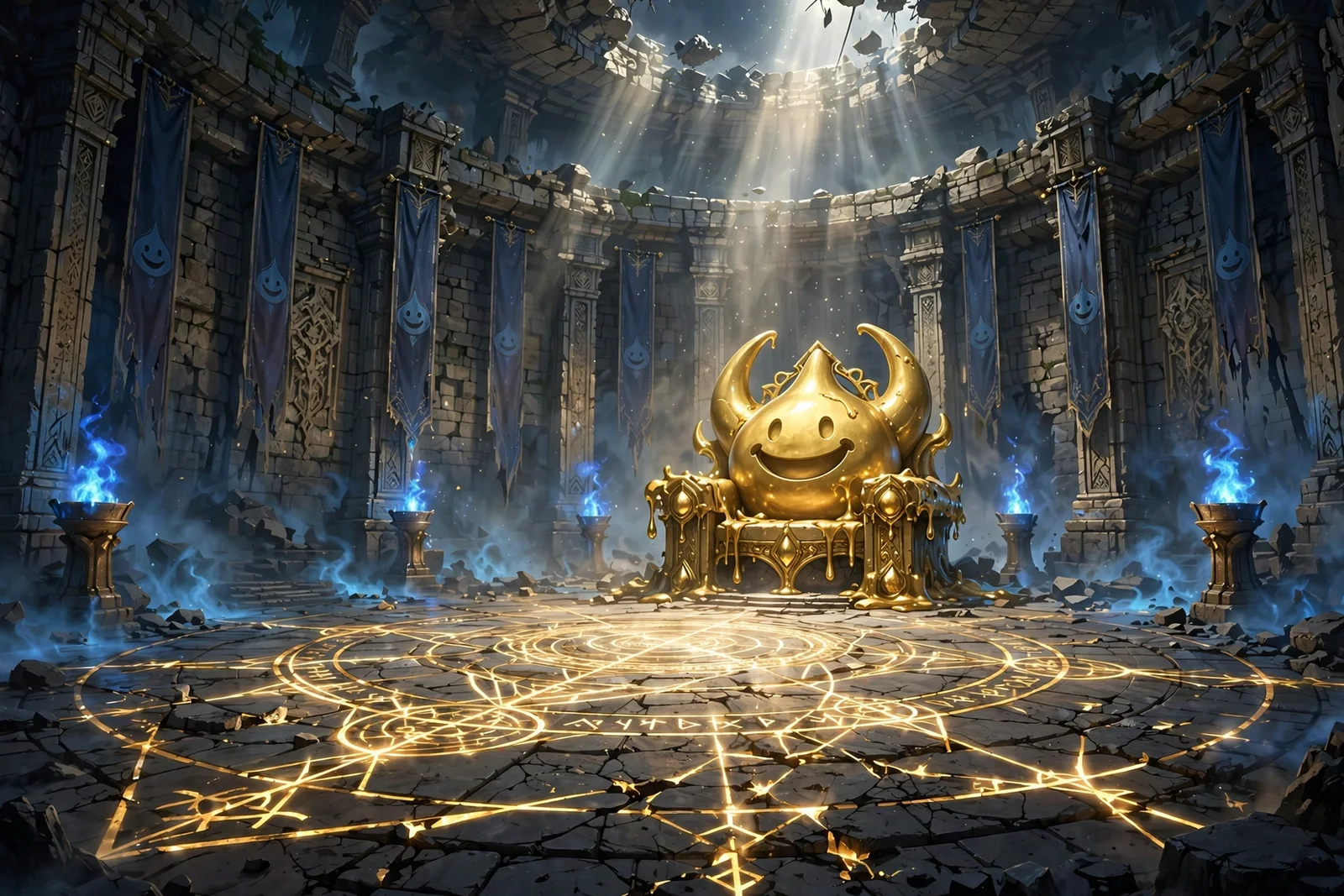 Approved Titan arena concept art, now in game: a circular stone arena with a golden slime throne, tall banners, blue-flame braziers and golden sigils cracked across the floor